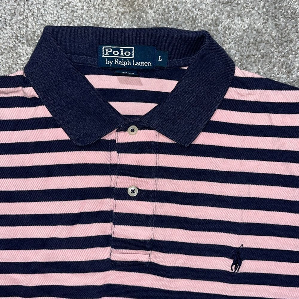 Polo by Ralph Lauren Blue French Pink Nautical Stripe w/Pony tennis golf shirt L